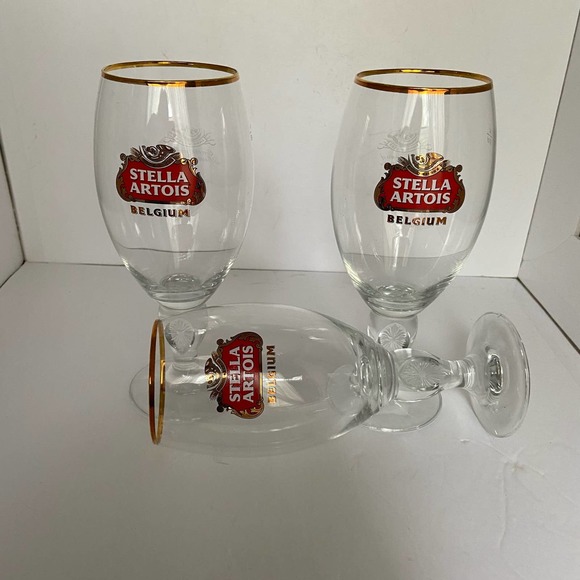 3 Stella Artois Beer Belgium Glass Stem Chalice Bar Ware Man Cave Glasses - Picture 3 of 6
